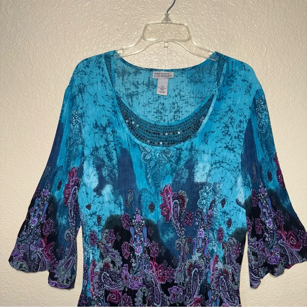 Maggie Barnes Catherines 1X Paisley Boho Tunic Top Beaded Bell Sleeve - Picture 2 of 16